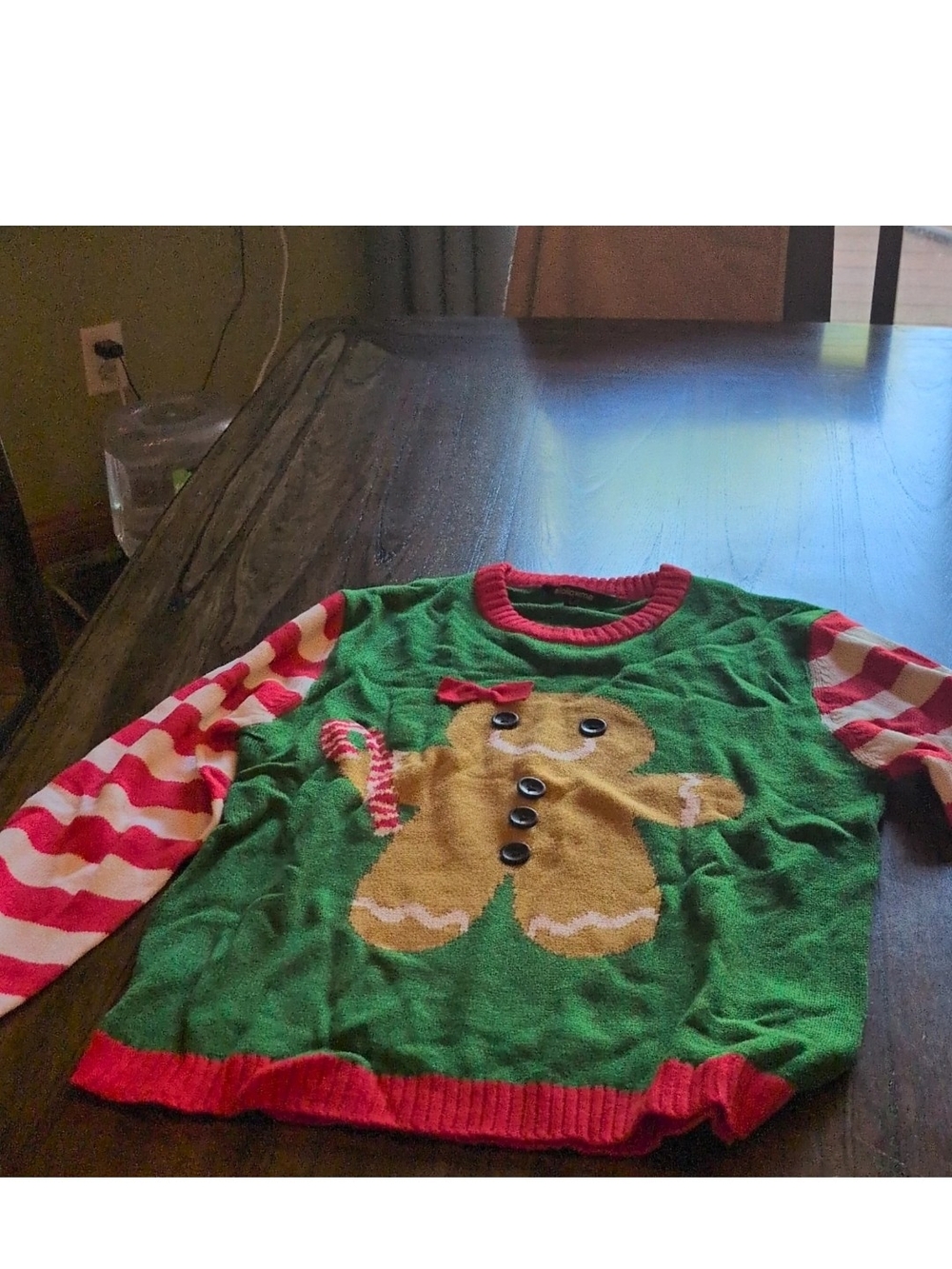 #followme Women's L Green Gingerbread Man Crew Neck Striped Knit Sweater